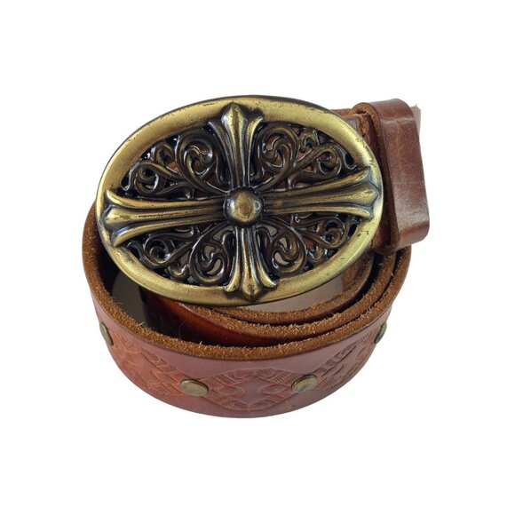 Linea Pelle Women's Belt Medium Brass Buckle Studs Tooled Leather Boho Western - Picture 3 of 13